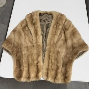 Vintage Honey Blonde Mink Fur Stole Wrap Shawl Brocade Lining Tan Brown Pocket